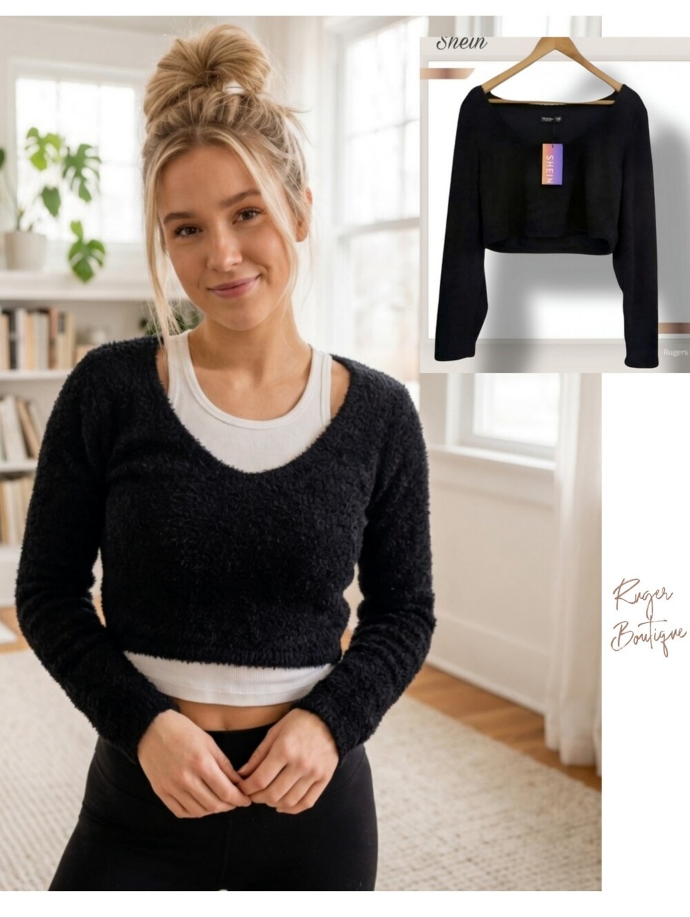 🌿Shein Curve Women's 3XL Black Fuzzy Longsleeve Crop Top Sweater